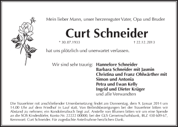 Traueranzeige von Curt Schneider von Pegnitz-Zeitung